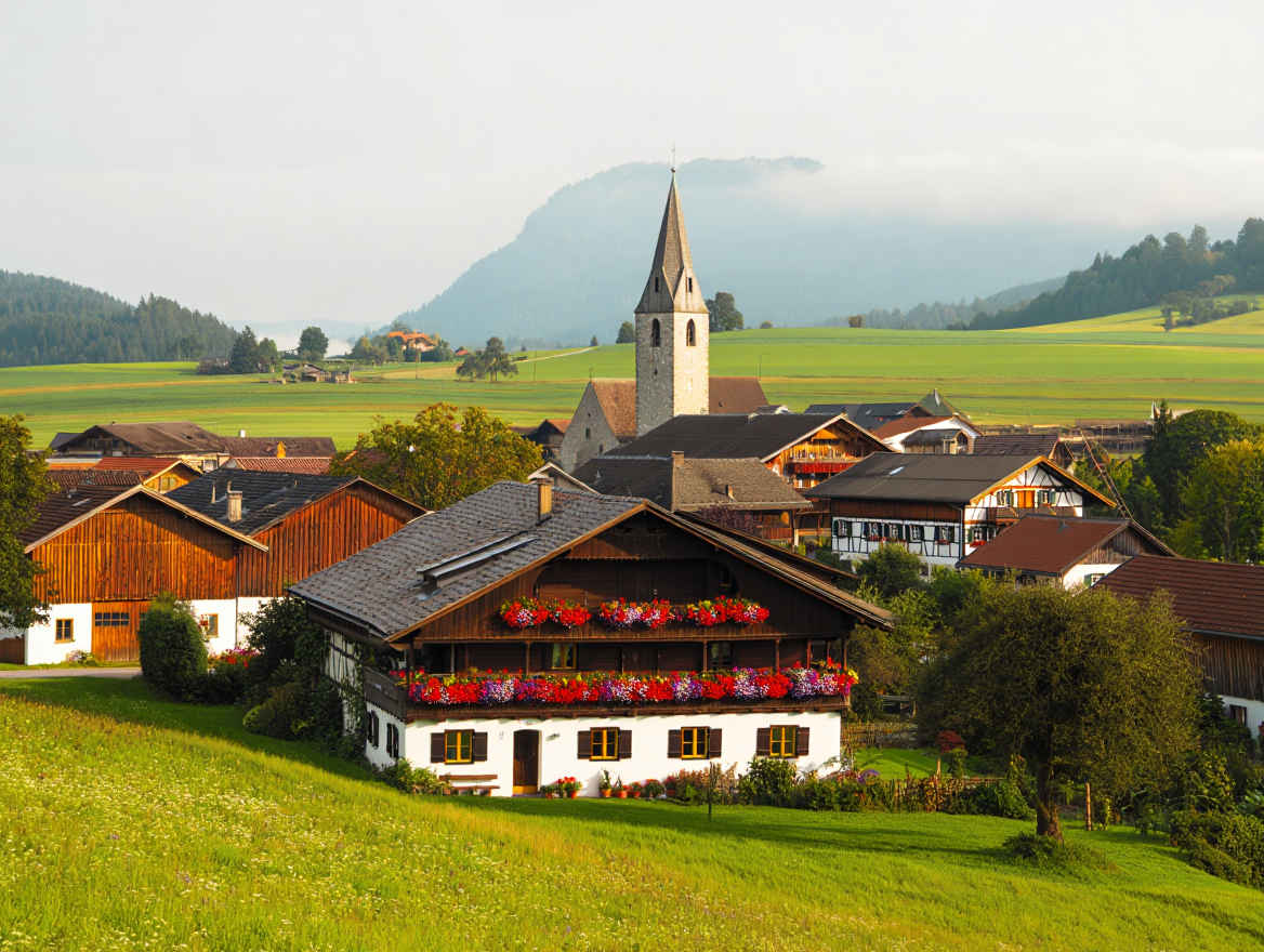 Malerische Landschaft in Bayern mit Alpenpanorama und traditioneller Architektur