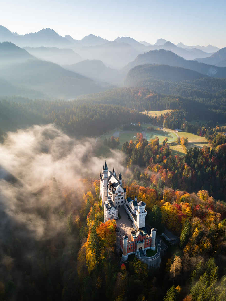Neuschwanstein Schloss in Bayern umgeben von herbstlichem Wald