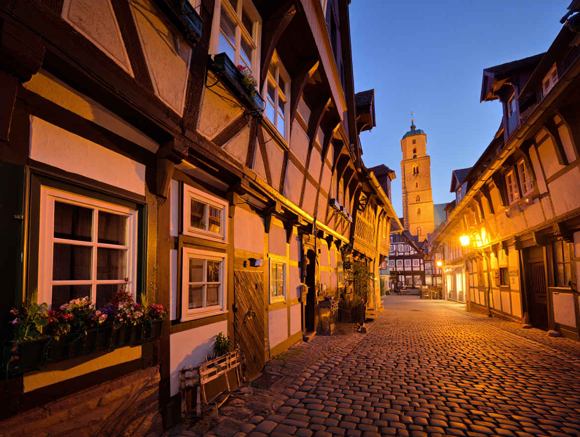 Historische Altstadt mit beleuchteten Fachwerkhäusern beim Abendlicht
